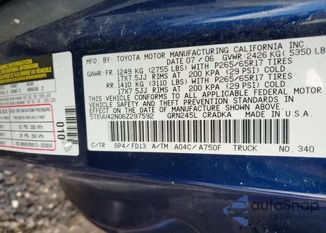 2006 Toyota Tacoma Base V6 z USA, uszkodzony, nr VIN 5TEUU42N06Z297592